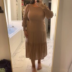 By The River Women Dress Long Sleeve Rufflee Stretchy Beige size L